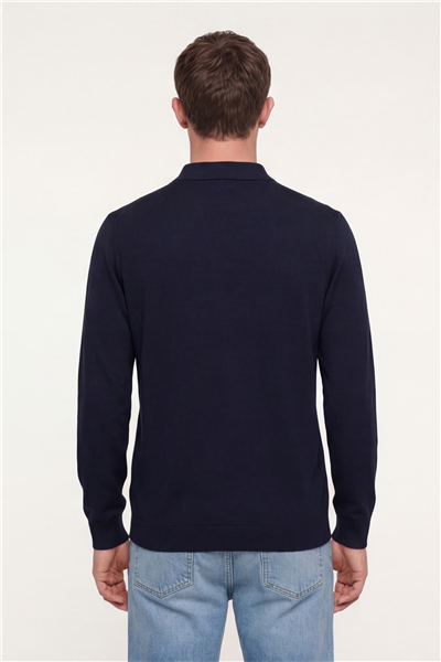 Erkek Lacivert Normal Kesim Regular Fit Yünlü Düğmeli Polo Yaka Triko Kazak