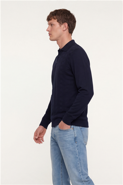 Erkek Lacivert Normal Kesim Regular Fit Yünlü Düğmeli Polo Yaka Triko Kazak