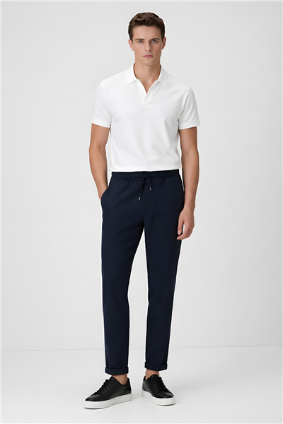 Erkek Lacivert Regular Fit Standart Boy Dokuma Armürlü Jogger Pantolon