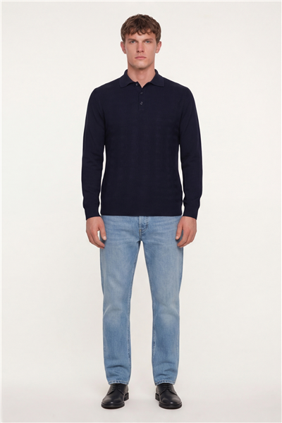 Erkek Lacivert Normal Kesim Regular Fit Yünlü Düğmeli Polo Yaka Triko Kazak