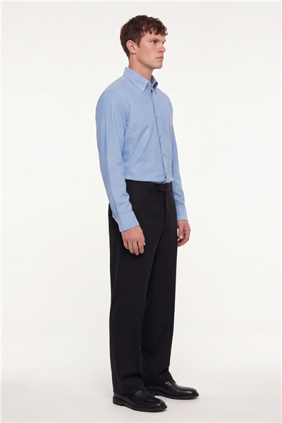 Erkek Mavi Dar Kesim Slim Fit Pamuklu Düz Örme Uzun Kollu Düğmeli Yaka Gömlek