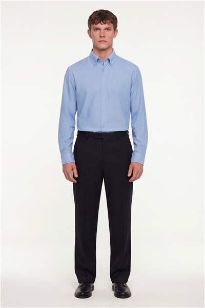 Erkek Mavi Dar Kesim Slim Fit Pamuklu Düz Örme Uzun Kollu Düğmeli Yaka Gömlek