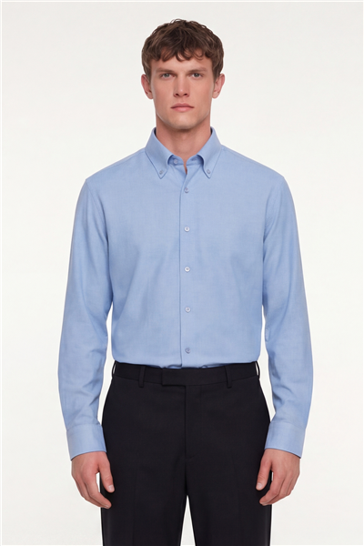 Erkek Mavi Dar Kesim Slim Fit Pamuklu Düz Örme Uzun Kollu Düğmeli Yaka Gömlek