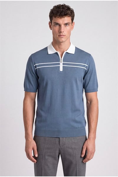 Erkek Mavi Normal Kesim Regular Fit Viskon Örme Polo Yaka Triko