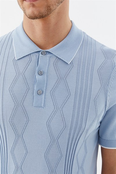 Erkek Mavi Normal Kesim Regular Fit Pamuklu Triko Düğmeli Polo Yaka Tişört