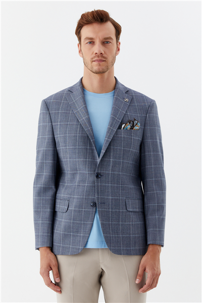 Erkek Mavi Normal Kesim Regular Fit Mono Yaka 4 Drop Blazer Ceket