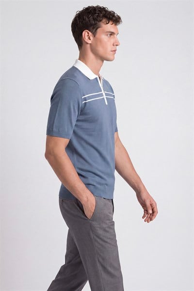 Erkek Mavi Normal Kesim Regular Fit Viskon Örme Polo Yaka Triko