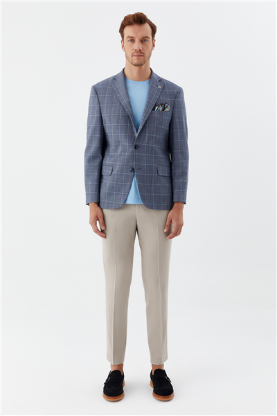 Erkek Mavi Normal Kesim Regular Fit Mono Yaka 4 Drop Blazer Ceket