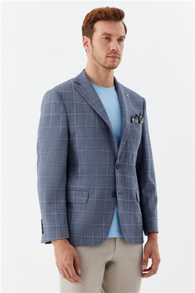 Erkek Mavi Normal Kesim Regular Fit Mono Yaka 4 Drop Blazer Ceket