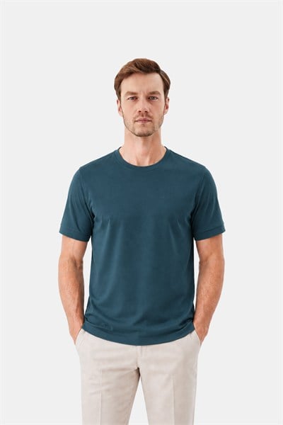Erkek Petrol Normal Kesim Regular Fit %100 Pamuk Dokuma Bisiklet Yaka Basic T-Shirt
