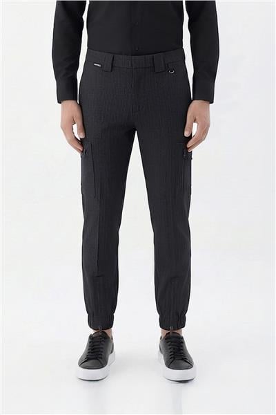 Giotelli Erkek Regular Fit Siyah Dokuma Kumaş Lastikli Paça Kargo Jogger Pantolon