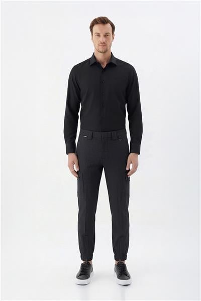 Giotelli Erkek Regular Fit Siyah Dokuma Kumaş Lastikli Paça Kargo Jogger Pantolon