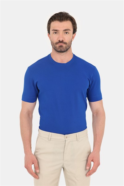 Erkek Saks Mavi Normal Kesim Regular Fit %100 Pamuk Dokuma Bisiklet Yaka Basic T-Shirt