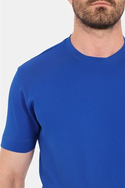Erkek Saks Mavi Normal Kesim Regular Fit %100 Pamuk Dokuma Bisiklet Yaka Basic T-Shirt