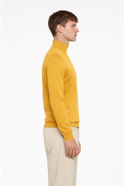 Erkek Sarı Dar Kesim Slim Fit Yünlü Dokuma Düz Yarım Balıkçı Yaka Triko Kazak