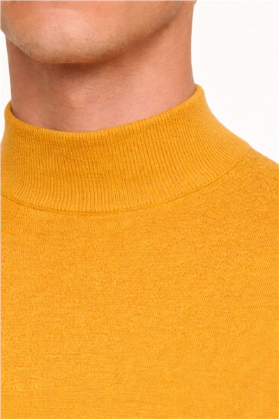 Erkek Sarı Dar Kesim Slim Fit Yünlü Dokuma Düz Yarım Balıkçı Yaka Triko Kazak