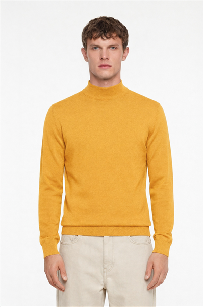 Erkek Sarı Dar Kesim Slim Fit Yünlü Dokuma Düz Yarım Balıkçı Yaka Triko Kazak