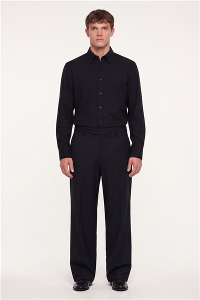Erkek Siyah Dar Kesim Slim Fit Pamuklu Düz Örme Uzun Kollu Düğmeli Yaka Gömlek