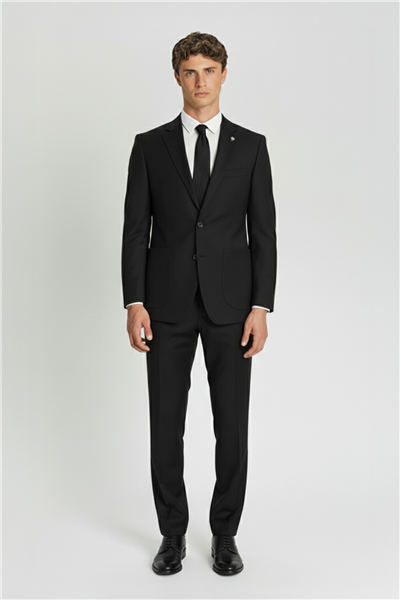 Erkek Siyah Dar Kesim Slim Fit Viskon Çizgili Mono Yaka 6 Drop Takım Elbise