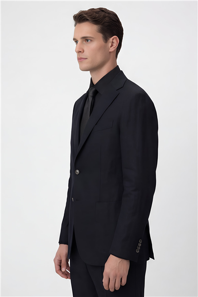 Erkek Siyah Dar Kesim Slim Fit %100 Keten Mono Yaka Astarsız Çift Yırtmaçlı 6 Drop Takım Elbise