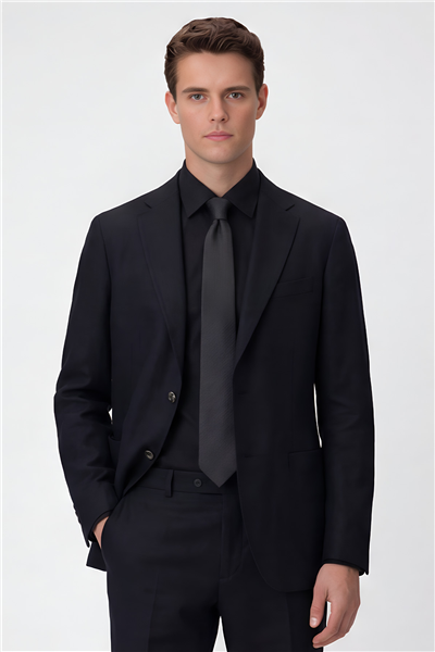 Erkek Siyah Dar Kesim Slim Fit %100 Keten Mono Yaka Astarsız Çift Yırtmaçlı 6 Drop Takım Elbise