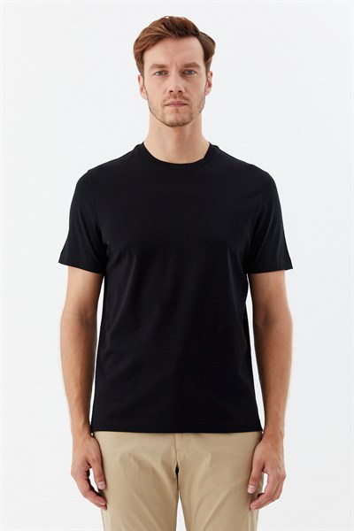 Siyah %100 Pamuk Regular Fit Bisiklet Yaka Basic T-shirt
