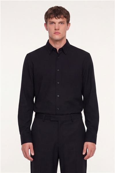 Erkek Siyah Dar Kesim Slim Fit Pamuklu Düz Örme Uzun Kollu Düğmeli Yaka Gömlek