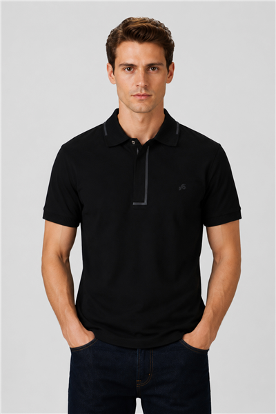 Erkek Siyah Dar Kesim Slim Fit %100 Pamuk Pike Polo Yaka Tişört