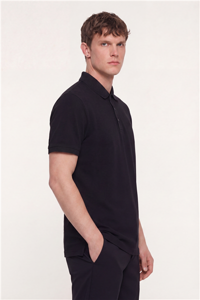 Erkek Siyah Dar Kesim Slim Fit %100 Pamuk Dokuma Polo Yaka Tişört