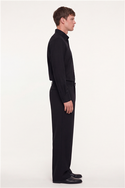 Erkek Siyah Dar Kesim Slim Fit Pamuklu Düz Örme Uzun Kollu Düğmeli Yaka Gömlek