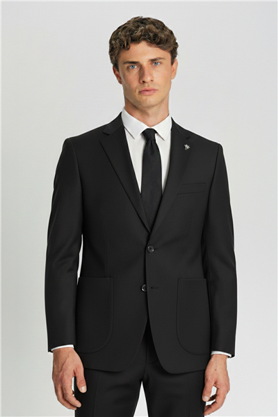 Erkek Siyah Dar Kesim Slim Fit Viskon Çizgili Mono Yaka 6 Drop Takım Elbise
