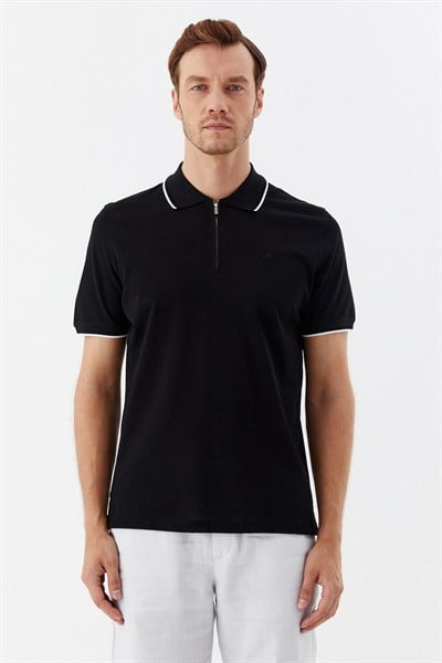 Siyah Regular Fit %100 Pamuk Fermuarlı Polo Yaka T-shirt