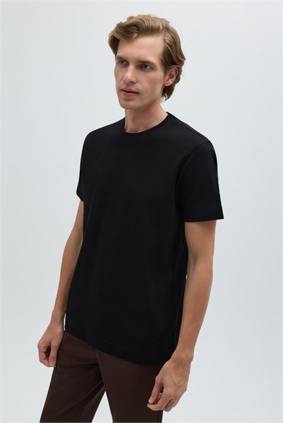 Erkek Siyah Normal Kesim Regular Fit %100 Pamuk Dokuma Bisiklet Yaka Basic T-Shirt