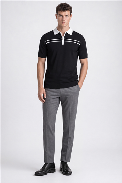 Siyah Regular Fit Örme Fermuarlı Polo Yaka Triko T-shirt