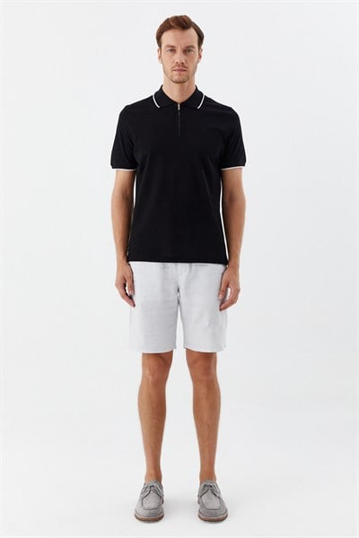 Siyah Regular Fit %100 Pamuk Fermuarlı Polo Yaka T-shirt