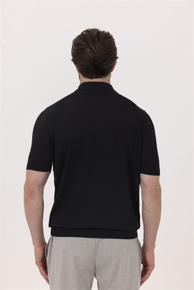 Siyah Reglan Fermuarlı Polo Yaka Triko T-shırt