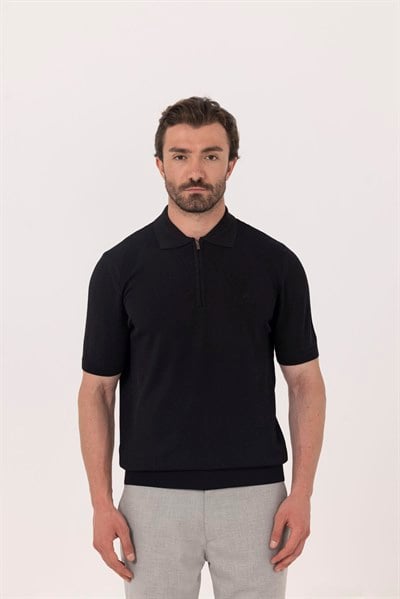 Siyah Reglan Fermuarlı Polo Yaka Triko T-shırt