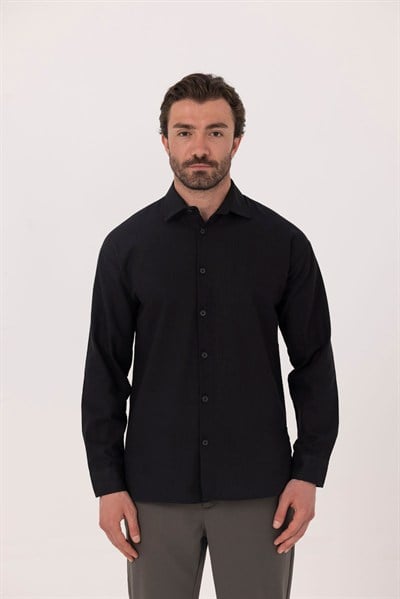 Siyah Regular Fit Keten Görünümlü %100 Pamuk Gömlek