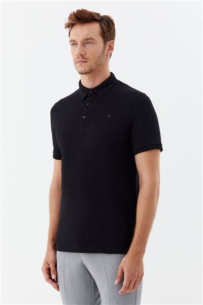 Erkek Siyah Normal Kesim  Regular Fit Modal Düğmeli Polo Yaka Tişört