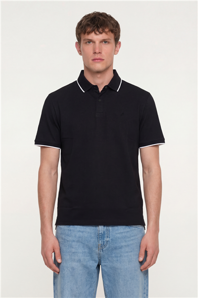 Erkek Siyah Normal Kesim Regular Fit %100 Pamuk Düğmeli Polo Yaka Tişört