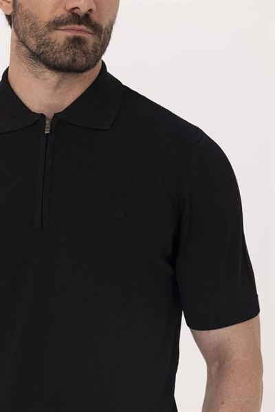 Siyah Reglan Fermuarlı Polo Yaka Triko T-shırt