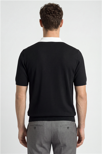 Siyah Regular Fit Örme Fermuarlı Polo Yaka Triko T-shirt