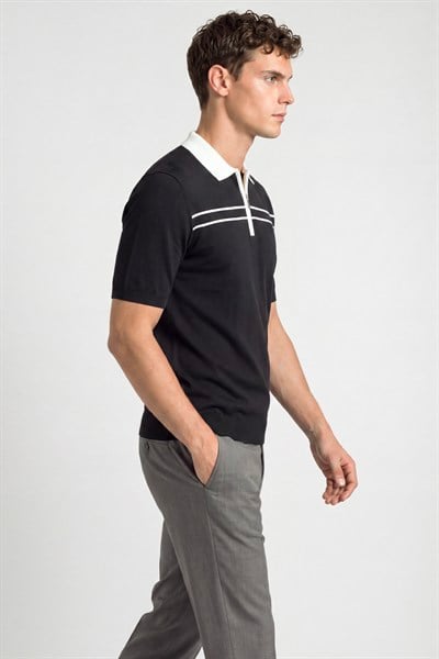 Erkek Siyah Normal Kesim Regular Fit Viskon Örme Polo Yaka Triko