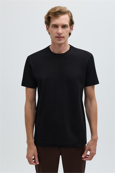 Erkek Siyah Normal Kesim Regular Fit %100 Pamuk Dokuma Bisiklet Yaka Basic T-Shirt