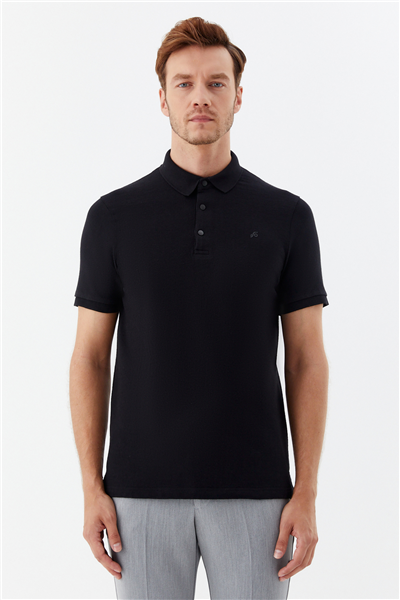 Erkek Siyah Normal Kesim  Regular Fit Modal Düğmeli Polo Yaka Tişört