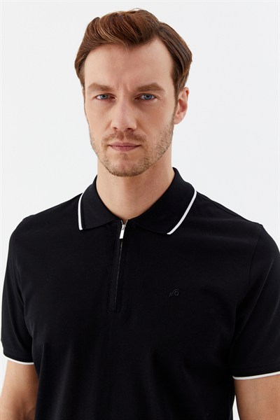 Siyah Regular Fit %100 Pamuk Fermuarlı Polo Yaka T-shirt