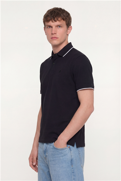Erkek Siyah Normal Kesim Regular Fit %100 Pamuk Düğmeli Polo Yaka Tişört