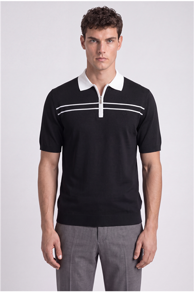 Siyah Regular Fit Örme Fermuarlı Polo Yaka Triko T-shirt