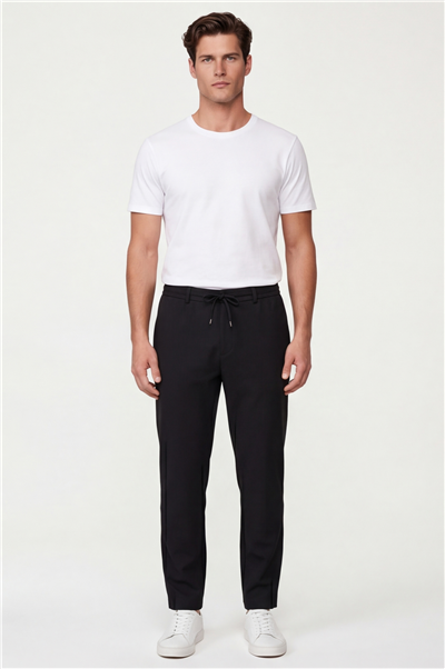 Erkek Siyah Normal Kesim Regular Fit Pamuklu Armürlü Bel Lastikli Jogger Pantolon