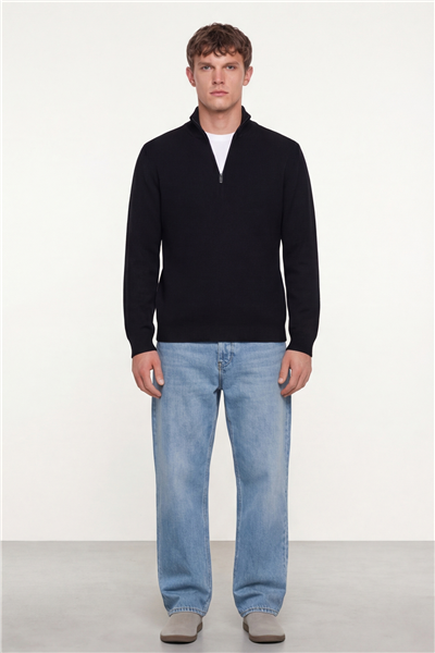 Erkek Siyah Normal Kesim Regular Fit Yünlü Fermuarlı Dik Yaka Triko Kazak